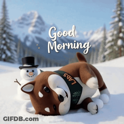 Stuffed Dog In Snow With Snowman Good Morning GIF