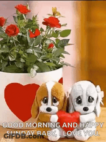 Stuffed Dogs Holding Heart Next To Potted Plant GIF