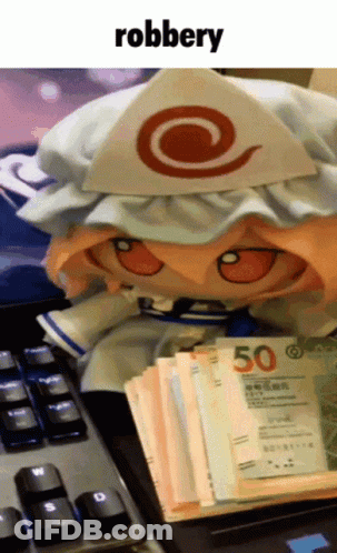 Stuffed Doll Next To Money Pile Saying Robbery GIF