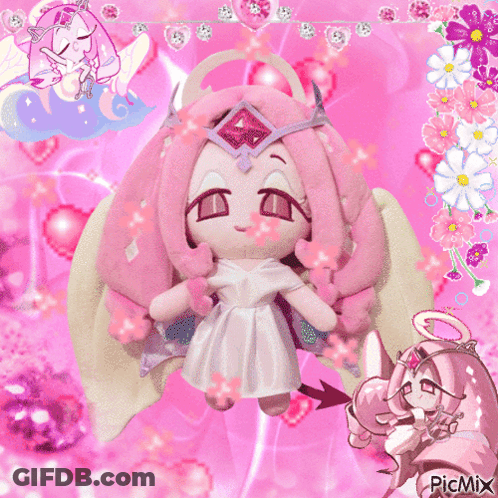 Stuffed Doll With Pink Hair, Wings, Flowers And Hearts GIF