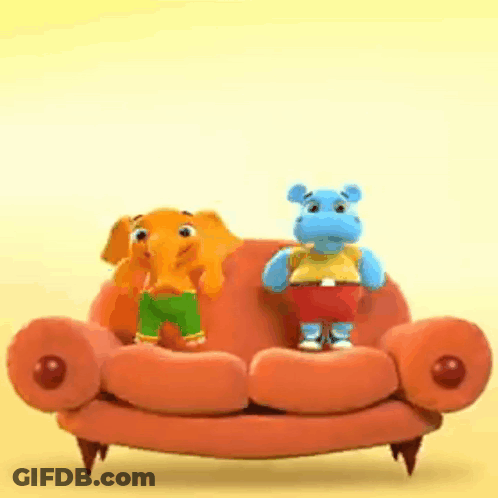 Stuffed Elephant And Hippo Sitting On Orange Couch GIF