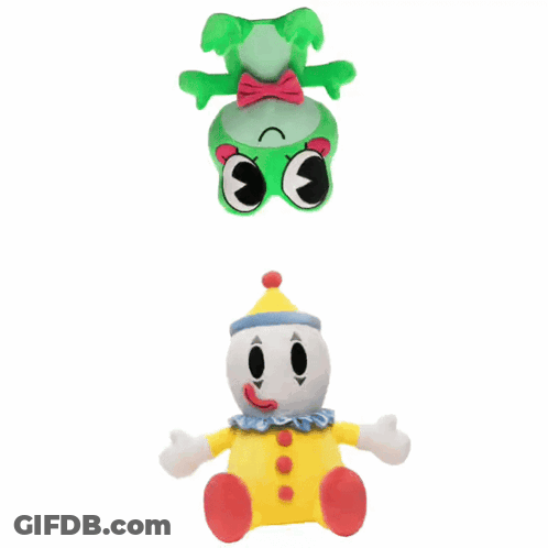 Stuffed Frog And Clown Next To Each Other GIF