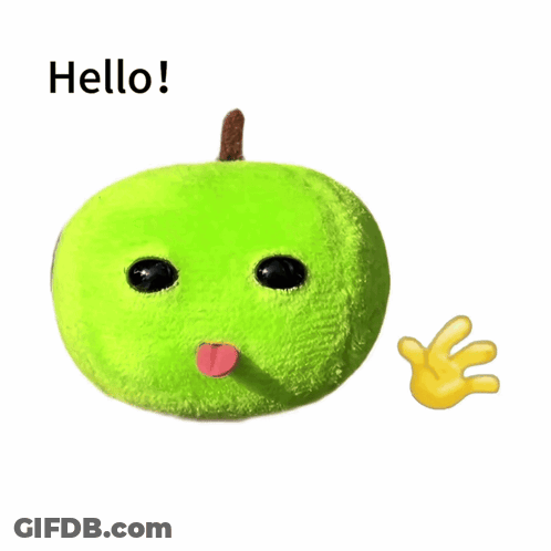 Stuffed Green Apple With Yellow Hand Saying Hello GIF