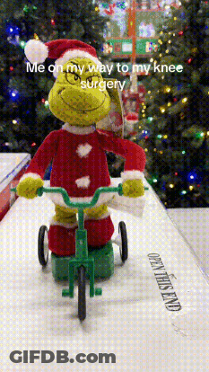 Stuffed Grinch Riding Tricycle In Front Of Christmas Tree Saying Me On My Way GIF