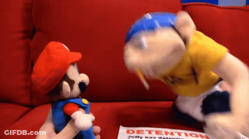 Stuffed Mario And Jeffy On Red Couch Detention Sign GIF
