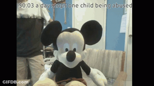 Stuffed Mickey Mouse $ .03 A Day Stops One Child Being Abused GIF
