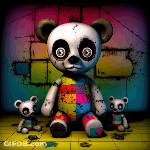 Stuffed Panda Bear In Rainbow Checkered Outfit GIF