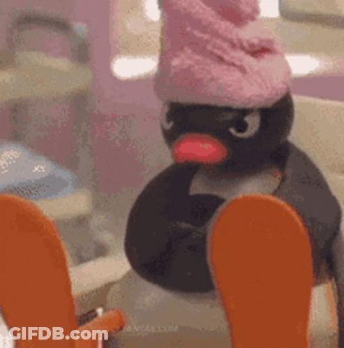 Stuffed Penguin In Pink Hat Skiing GIF