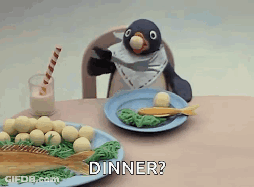 Stuffed Penguin With Dinner Sign GIF