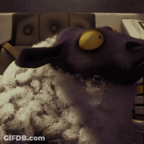 Stuffed Purple Sheep With Yellow Eyes On Counter GIF