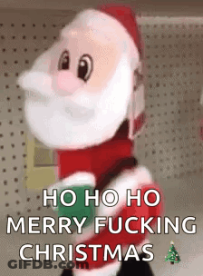 Stuffed Santa Claus Holding Green Cup Saying Ho Ho Ho Merry Fucking Christmas GIF