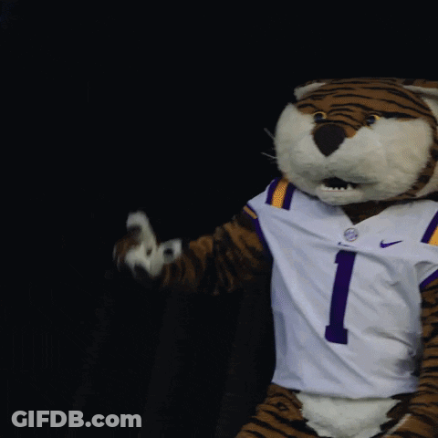 Stuffed Tiger Mascot In White And Purple LSU Jersey GIF