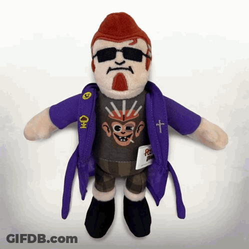 Stuffed Toy Man With Monkey Shirt And Purple Jacket GIF
