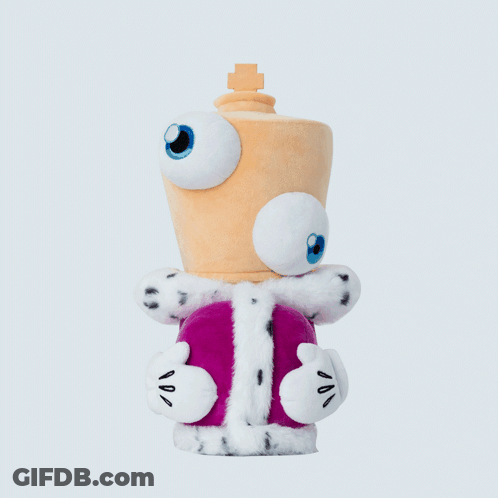 Stuffed Toy With Big Eyes And Purple Coat GIF