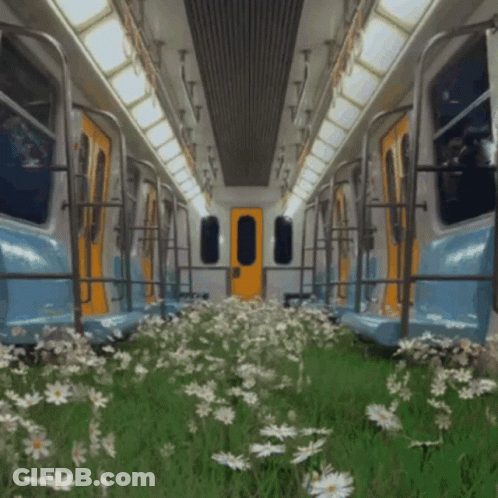 Subway Car With Flowers Growing From Seats GIF
