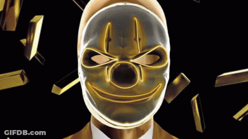 Suit-And-Tie Man With Clown Mask And Gold Bars GIF