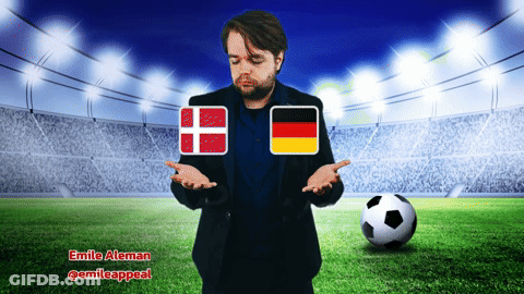 Suited Man With Soccer Ball, Danish, German Flags GIF