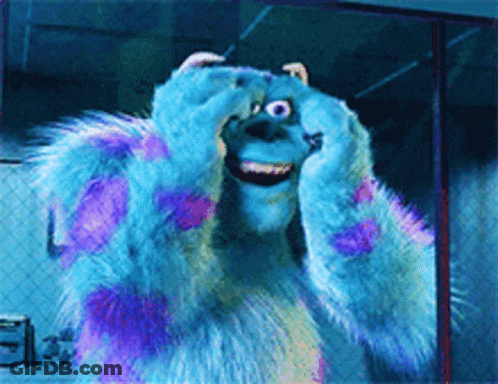 Sulley From Monsters Inc Is Smiling And Covering His Eyes With His Hands GIF