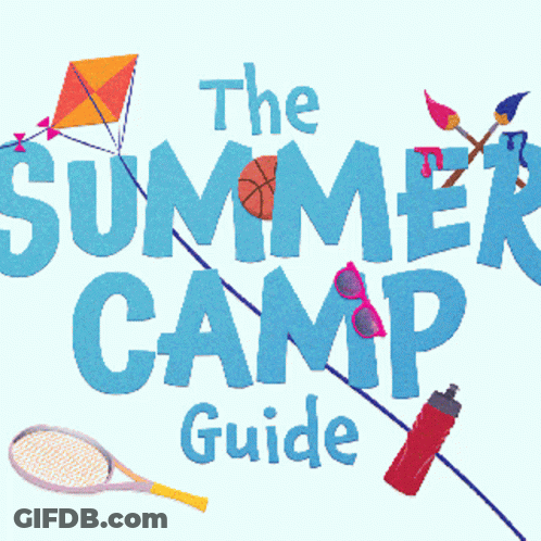 Summer Camp Guide Logo With Kite Tennis Ball Basketball Water Bottle GIF