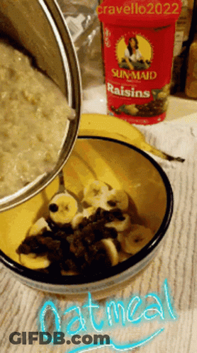 Sun Maid Raisins Can Next To Bowl Of Oatmeal GIF