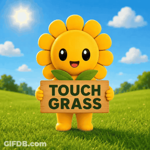 Sunflower Mascot Holding Touch Grass Sign GIF