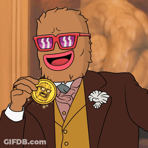 Sunglasses-Wearing Cartoon Character Holding Gold Coin With Face GIF