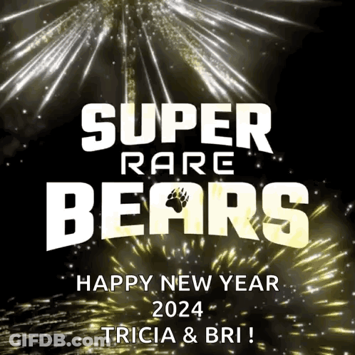 Super Rare Bears Happy New Year 2024 With Fireworks In The Background GIF
