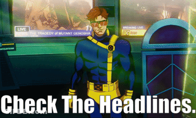 Superhero Costume Man In Front Of Screen Saying Check The Headlines GIF