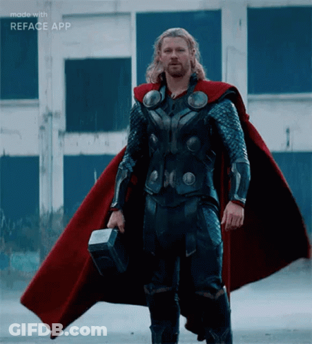 Superhero Man Holding Hammer And Reface Cape GIF
