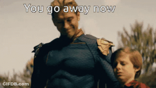 Superhero Standing Next To Boy Saying You Go Away Now GIF