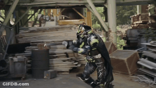 Superhero Walking Through Wood Pile GIF