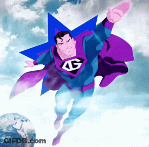 Superhero With Letter G On Chest Flying Through Cloudy Sky GIF