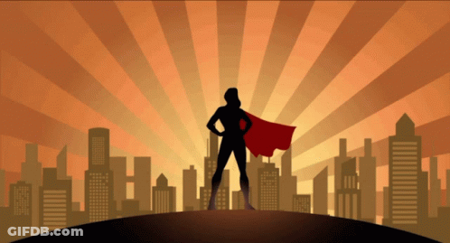 Superhero With Red Cape In Front Of City GIF