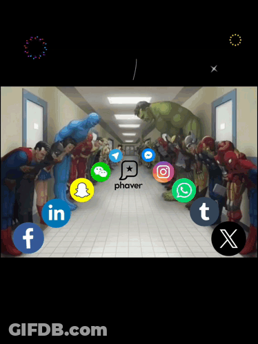 Superheroes Standing In Hallway With Phaver Logo GIF