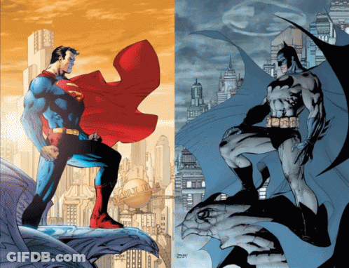 Superman And Batman Standing In Front Of Cityscape GIF
