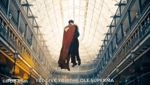 Superman Cape Man Flying Through Building Saying I'll Give You The Ole Superma GIF