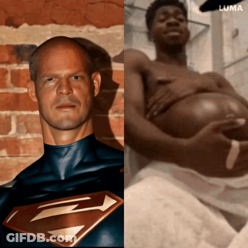 Superman Costume Man Next To Shirtless Towel Man GIF