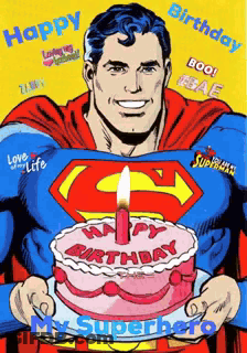 Superman Holding Birthday Cake With Candle GIF