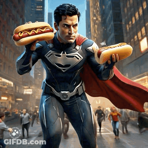 Superman Is Holding A Hot Dog And A Sandwich In His Hands GIF