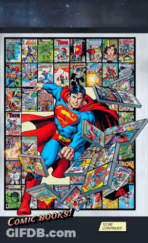 Superman Poster Surrounded By Comic Books To Be Continued GIF