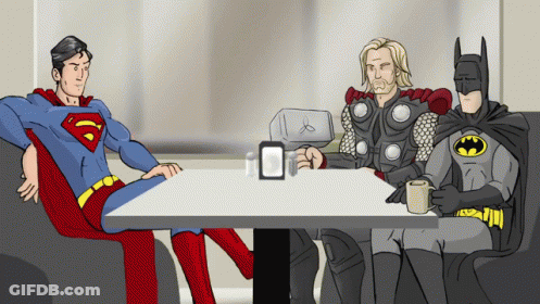 Superman Thor And Batman Sitting At Table Drinking Coffee GIF