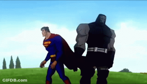 Superman Walking Next To Cartoon Character GIF