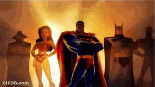 Superman , Wonder Woman , Batman And Joker Are Standing Next To Each Other In A Cartoon . GIF