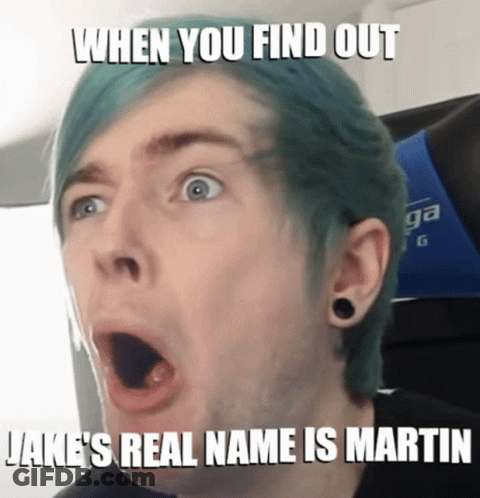 Surprised Blue-Haired Man Finding Out Jake's Real Name GIF