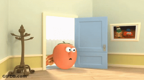 Surprised Cartoon Tomato Standing In Doorway GIF