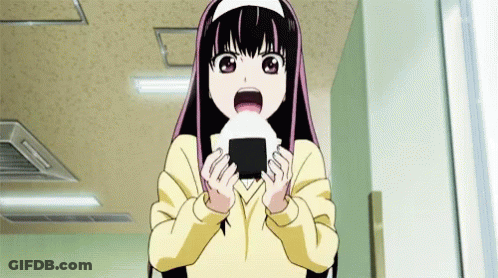 Surprised Girl With Long Black Hair Holding Onigiri GIF