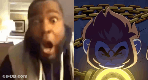 Surprised Man Next To Cartoon Monkey GIF