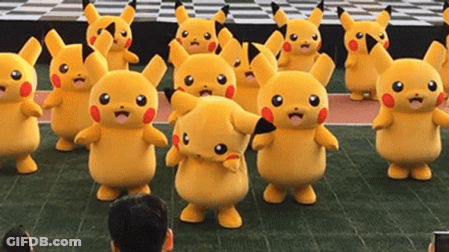 Surprised Multiple Pikachu Mascots Dancing GIF