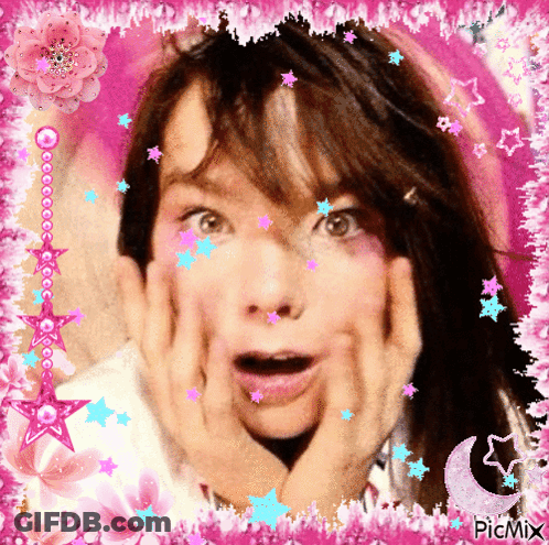 Surprised Woman Surrounded By Pink Stars GIF