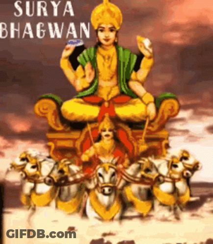 Surya Bhagwan Sitting On Throne Surrounded By Horses GIF